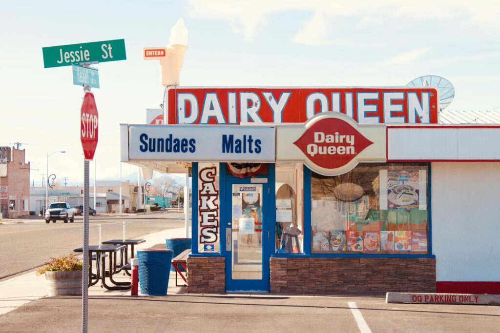 Vintage Dairy Queen store on a sunny day, showcasing its signage and retro vibe.