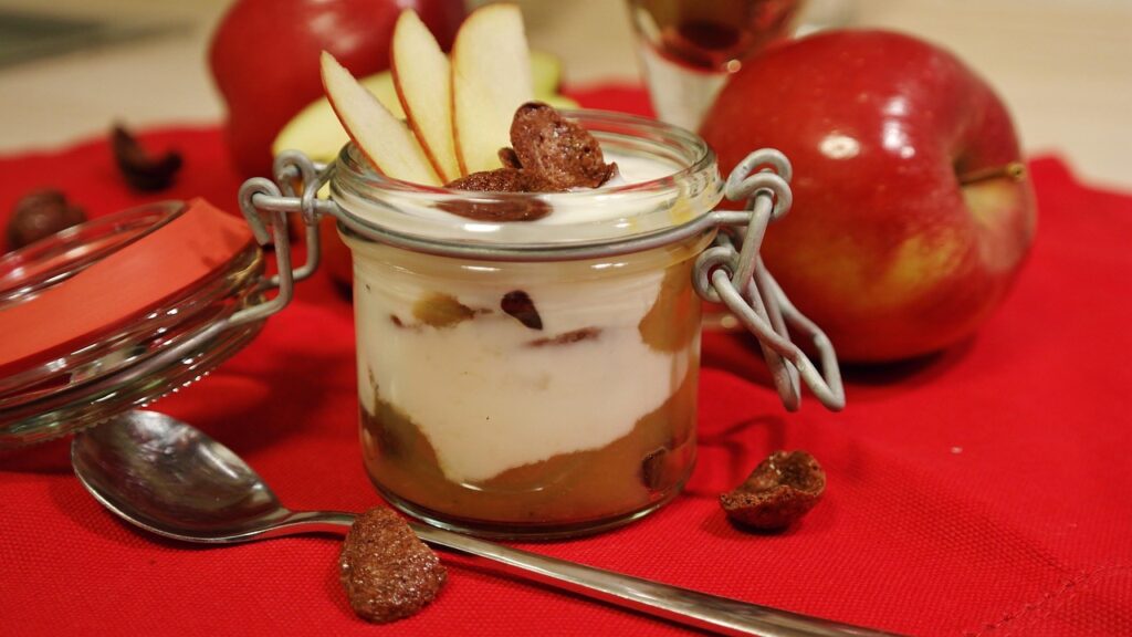 dessert, sweet dish, cute, cream, yogurt, apple, sweet, meal, food, yummy, fruit, enjoyment, red