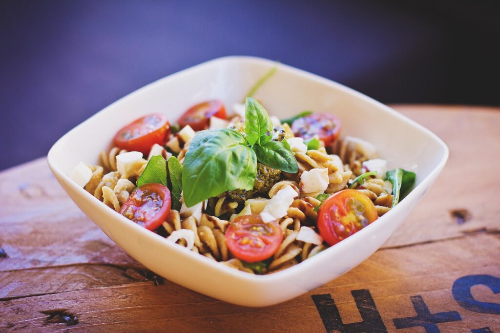 food, drinks, basil, bowl, cheese, cocktail tomatoes, feta, healthy, nuddle, pasta, plate, salad, sauce, table, tomato, vegetable, nuddle, nuddle, pasta, pasta, pasta, pasta, pasta, salad, salad, salad