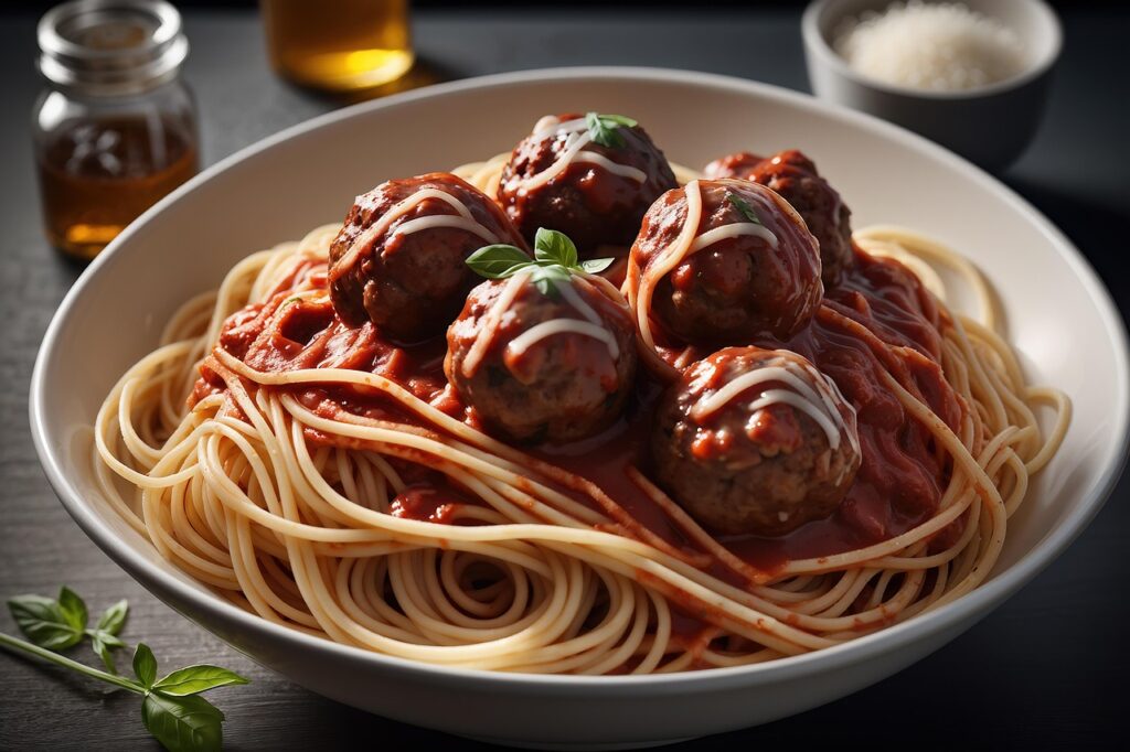 ai generated, spaghetti, pasta, noodles, food, dinner, cooking, italian, carbohydrates, meatballs, delicious, wallpaper