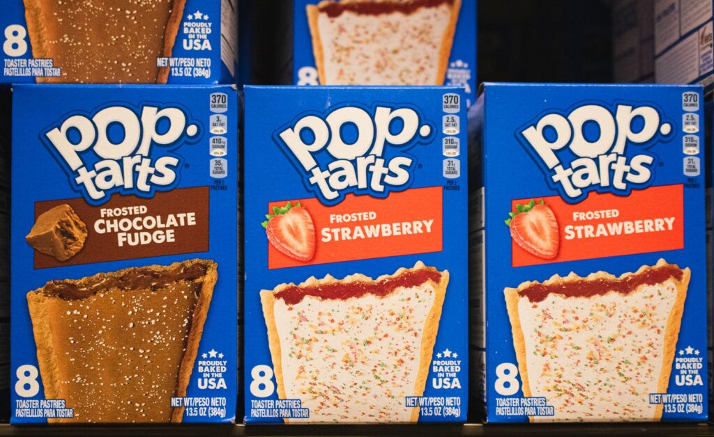 Boxes of pop-tarts are shown with different flavors.