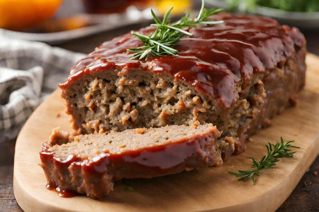 a loaf of meatloaf on a cutting board with a sprig of