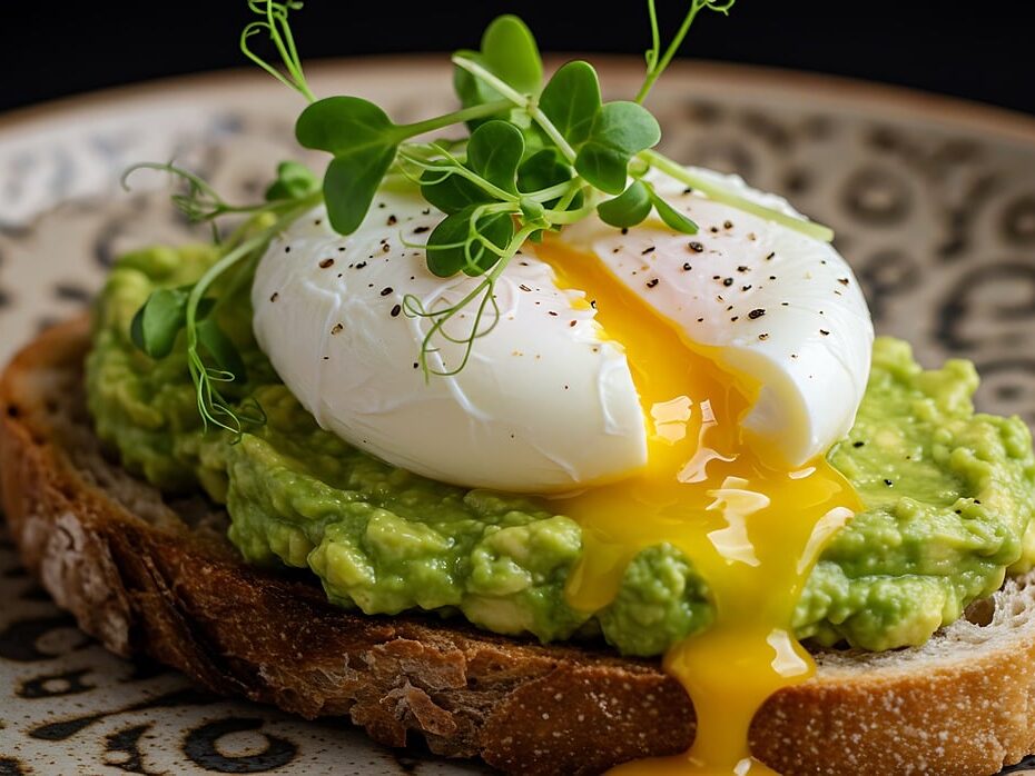 avocado, toast, egg, poached, breakfast, food, healthy, green, yolk, microgreens, pepper, plate, brunch, meal, delicious, closeup, nutrition, morning, simple, dish, vegetarian, fresh, grain, bread, ripe
