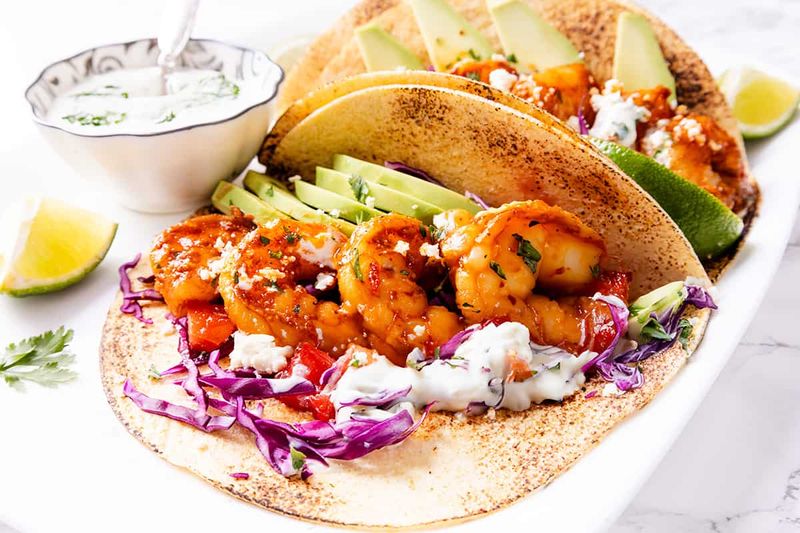 Spicy Shrimp Tacos with Avocado Cream