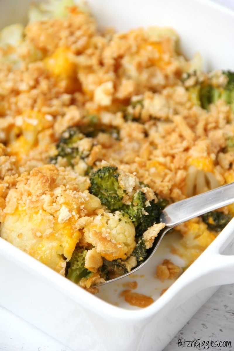 Classic Cheesy Cauliflower Broccoli Bake