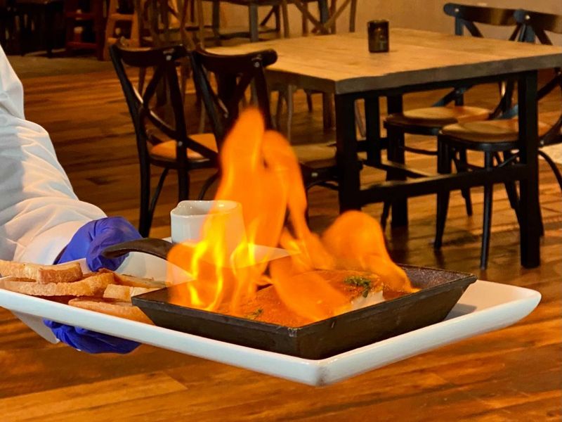 Wine Bar George's Saganaki on Fire
