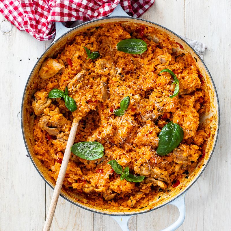 Garlic Basil Chicken with Tomato Rice