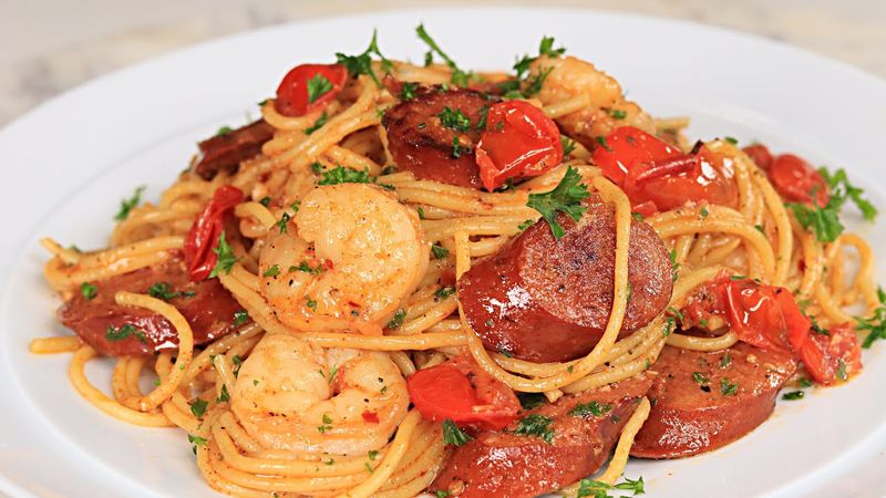 South Carolina: Shrimp and Sausage Pasta at Magnolias, Charleston