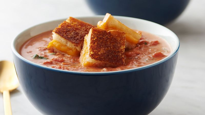 Creamy Tomato Basil Soup with Grilled Cheese Croutons