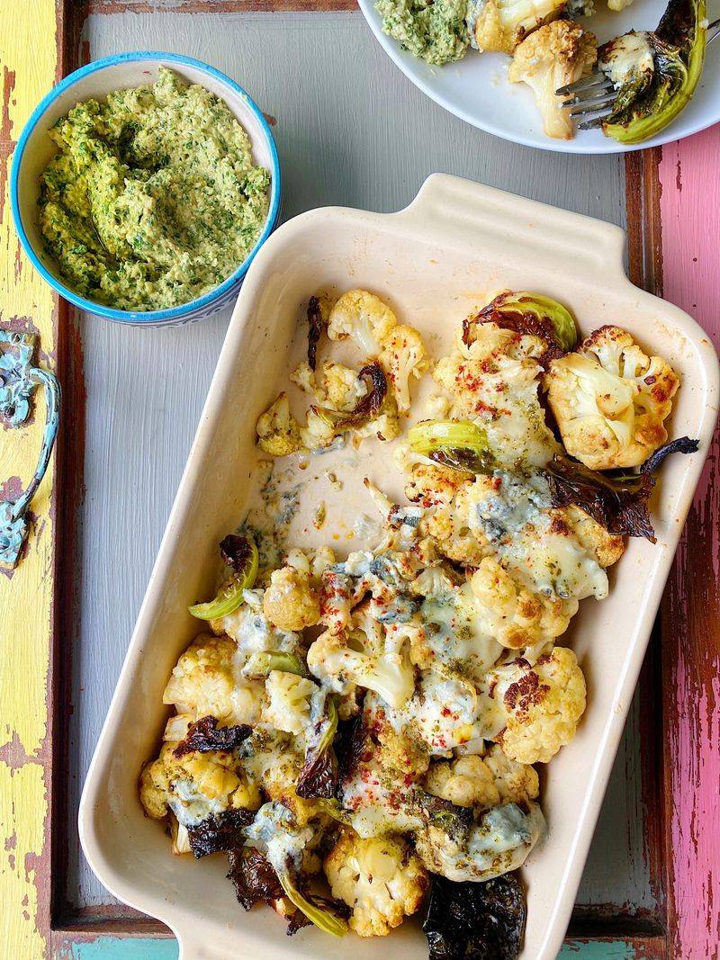 Cheesy Cauliflower Broccoli with Pesto Swirl