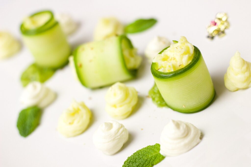 cucumber, starter, menu, festive, noble, green, vegetarian, meal, healthy, food, enjoy the meal, yummy, vitamins, fresh, kitchen, cook, dish, delicacies, cream cheese, sylvester