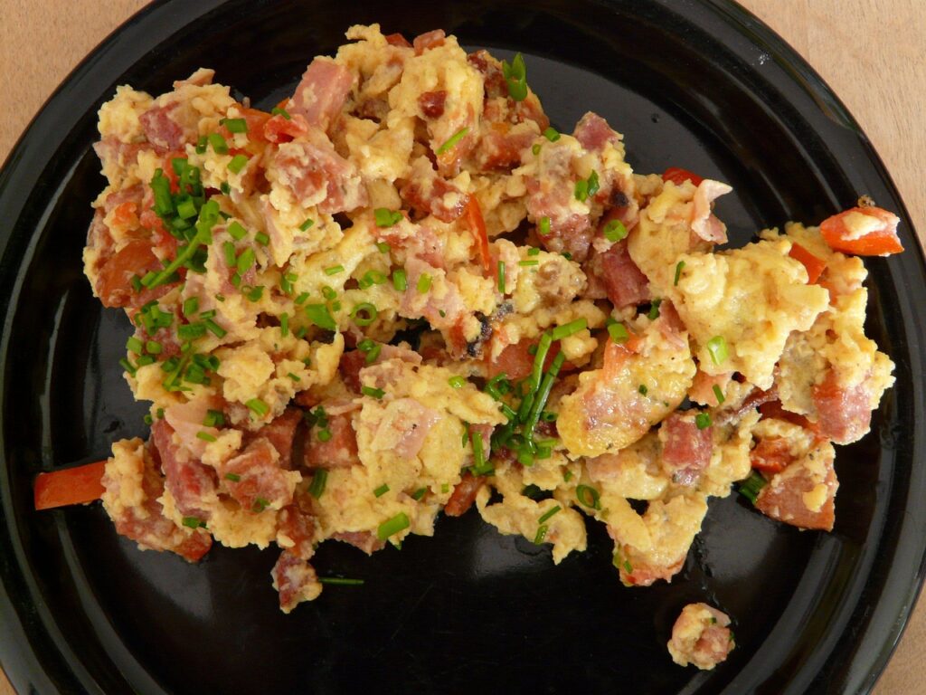 scrambled eggs, breakfast, fried, meal, food, ham, egg, chives, scrambled eggs, scrambled eggs, scrambled eggs, scrambled eggs, scrambled eggs