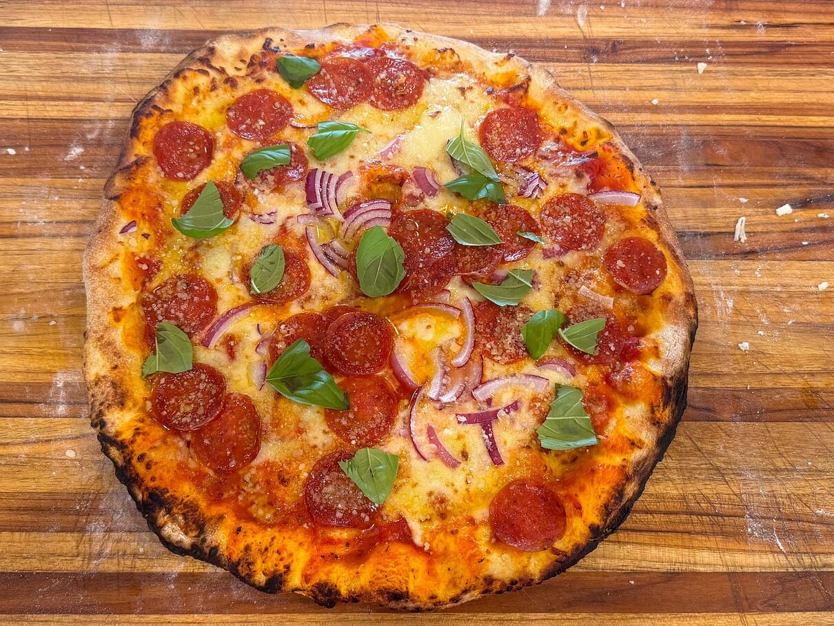 pizza, cooking, food, homemade, basil, pepperoni, tomato