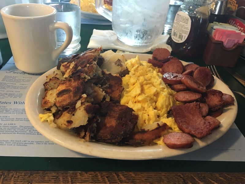 Alaska: Reindeer Sausage & Eggs – Gwennie's Old Alaska Restaurant, Anchorage