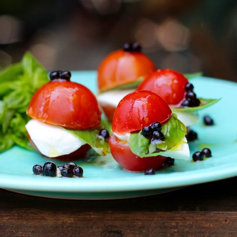 Caprese Skewers with Balsamic Pearls
