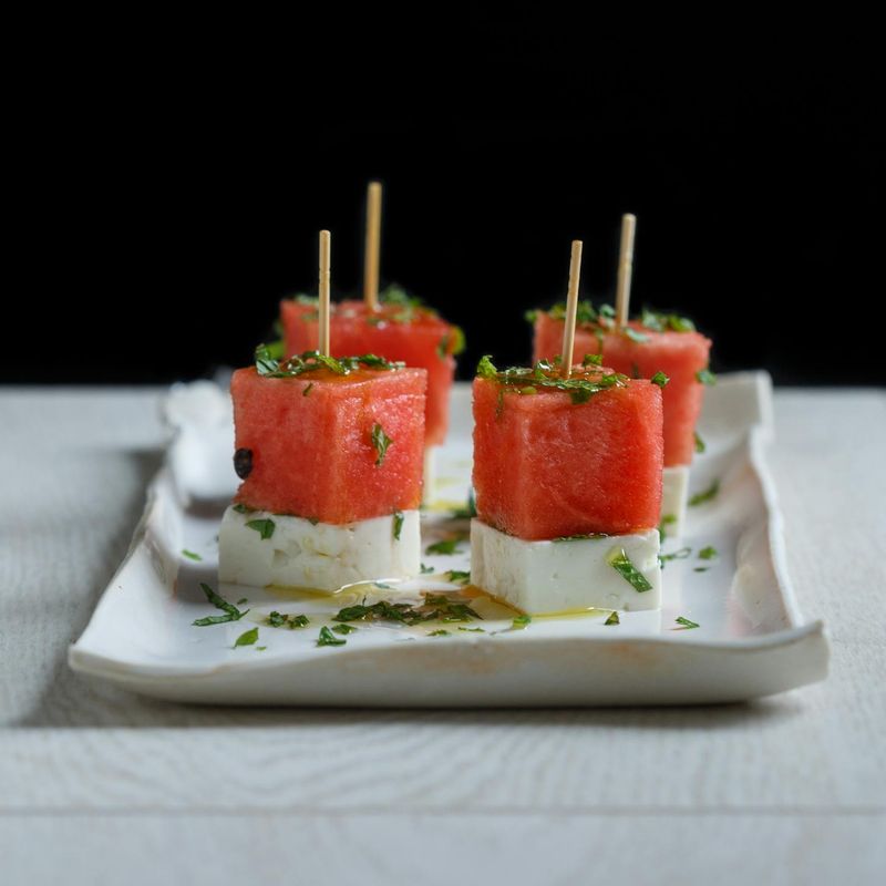 Watermelon Feta Skewers with Mint Oil